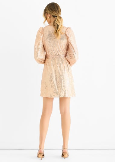 Gini London Champagne Sequin V Neck Belted Mini Dress