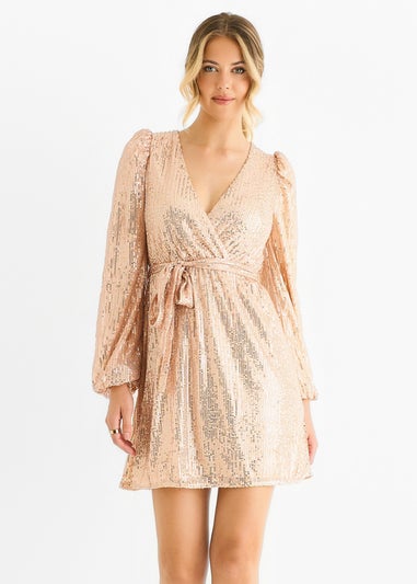 Gini London Champagne Sequin V Neck Belted Mini Dress
