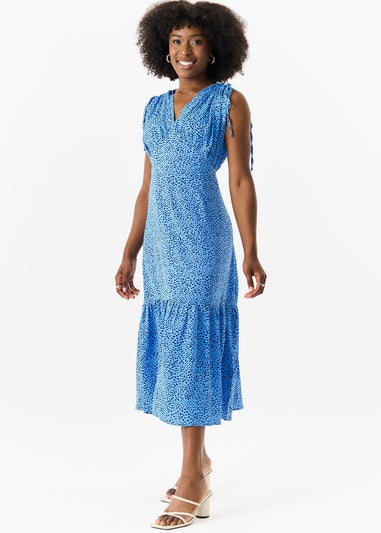 Gini London Blue Animal Print Ruched Sleeves Midi Dress