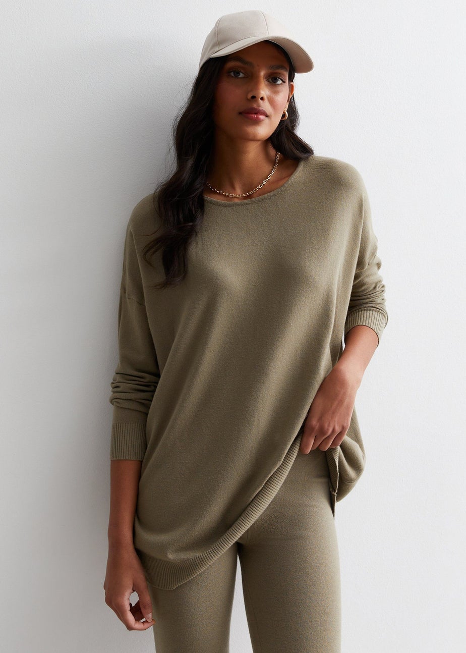 Gini London Mocha Brushed Cotton Crew Neck Oversized Top