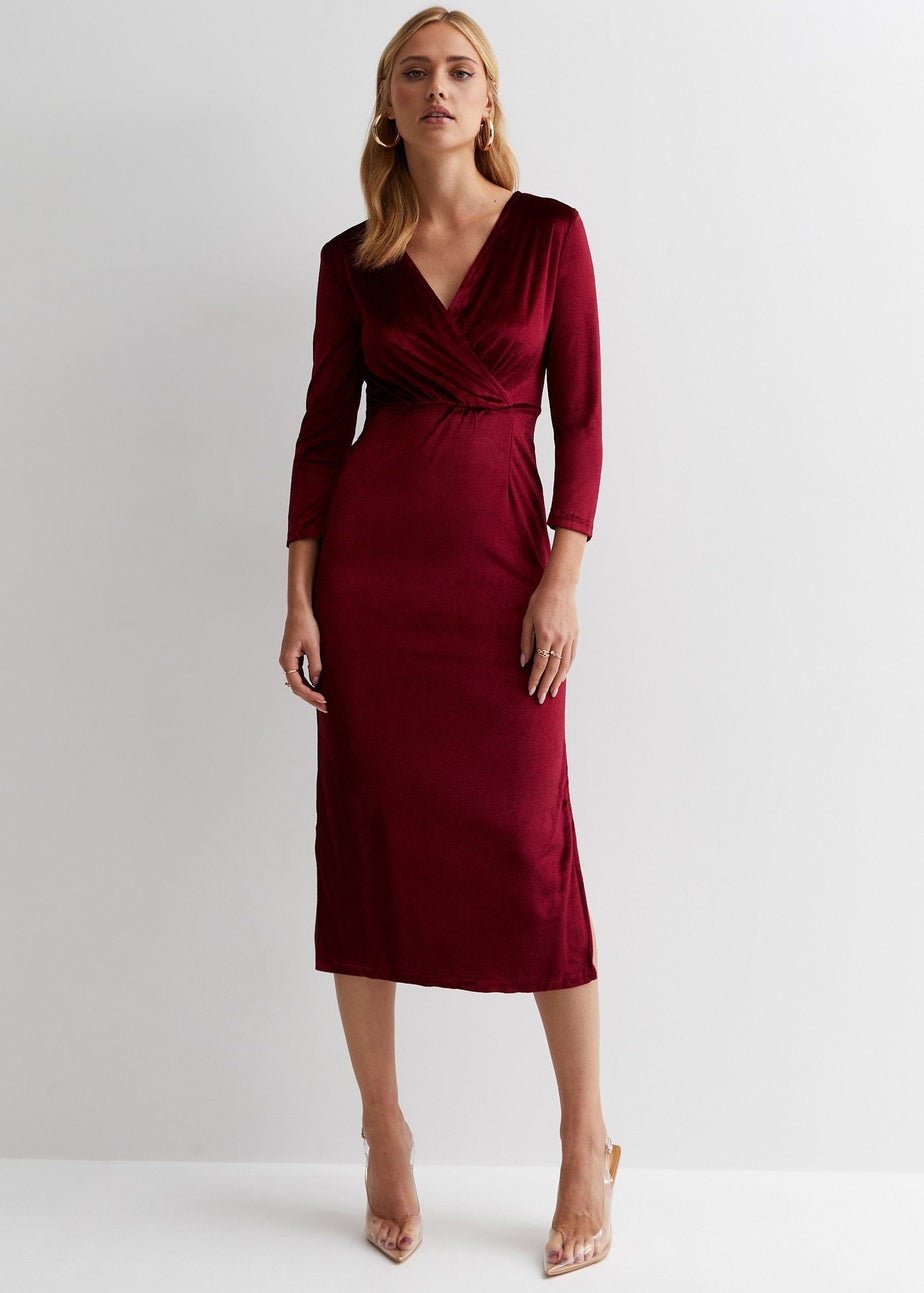 Gini London Burgundy Velvet Wrap Top Skater Midi Dress Matalan