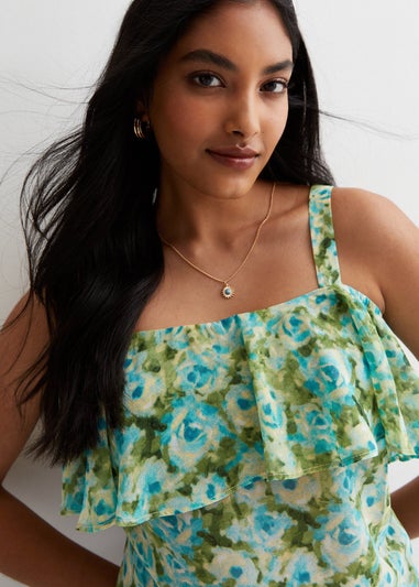 Gini London Blue Floral Strappy Bardot Ruffle Top