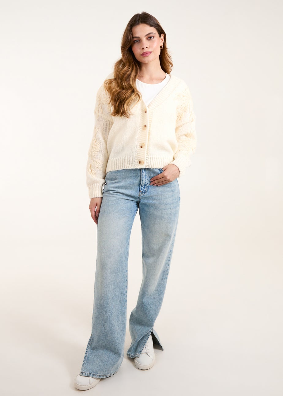 Blue Vanilla Ivory Flower Embroidery Knit Cardigan