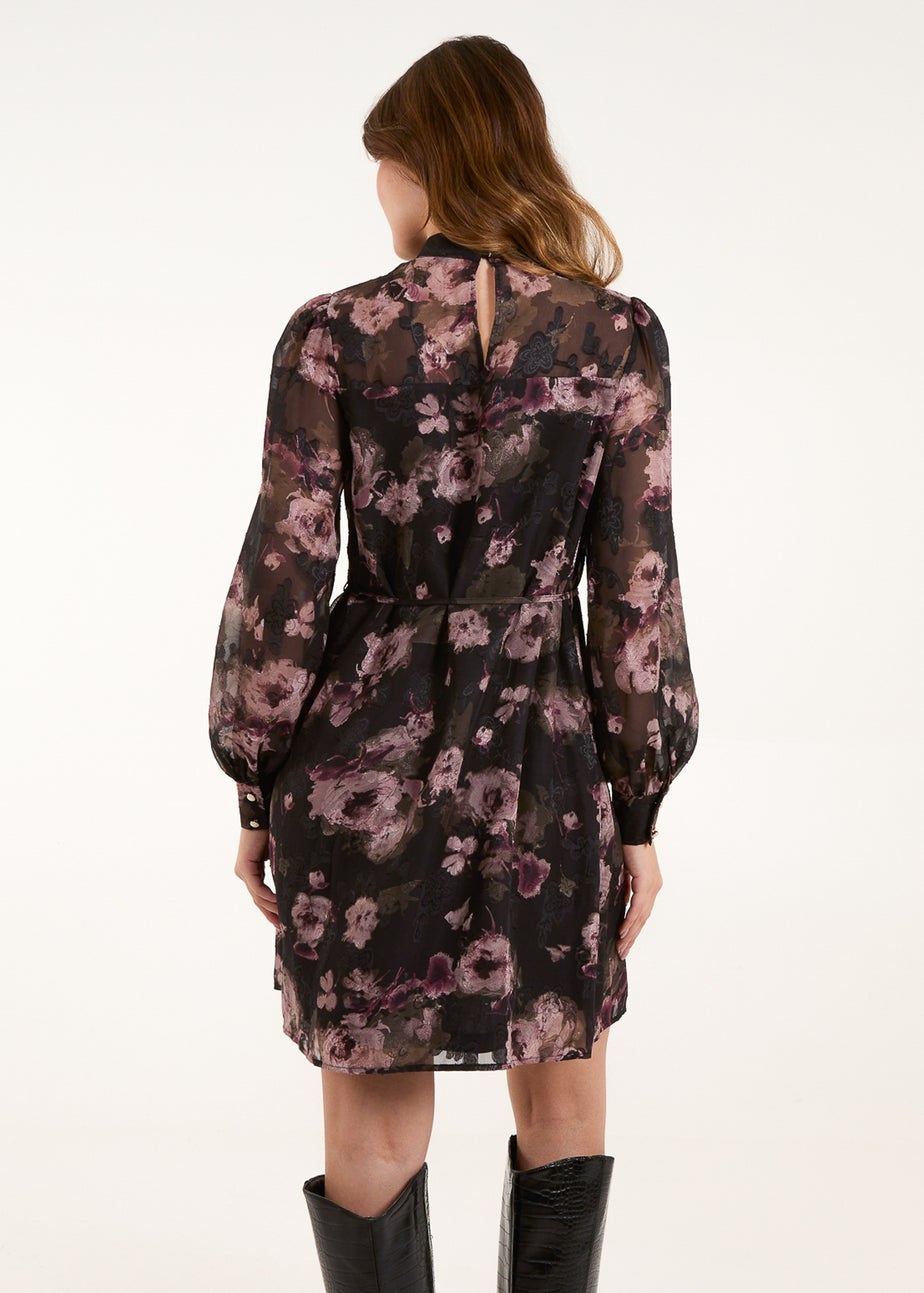 Blue Vanilla Black High Neck Floral Jacquard Dress With Tie Waist