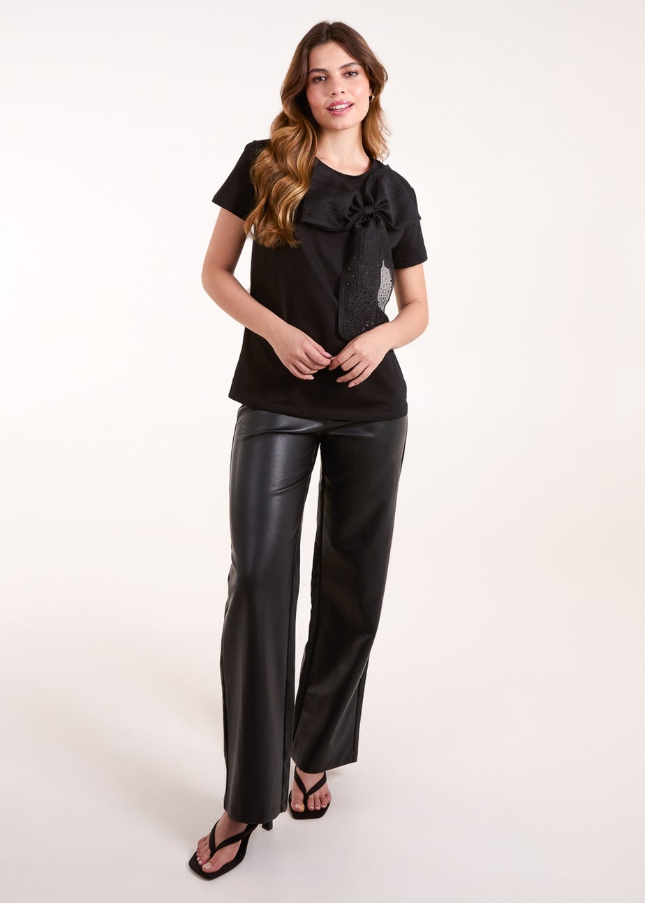 Blue Vanilla Black Embellished Bow Apllique T-shirt