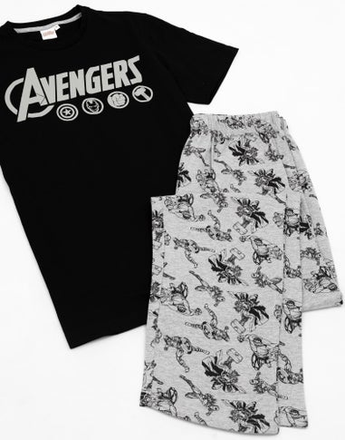 Vanilla Underground Marvel Mens Black Logo Short Sleeve Long Leg Pyjama Set