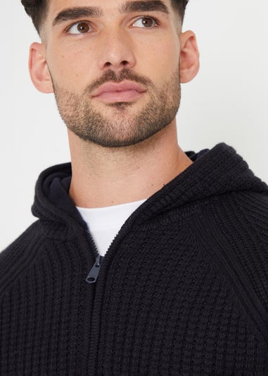 Threadbare Navy Zip-Up Knitted Hoodie with Microfleece Lining