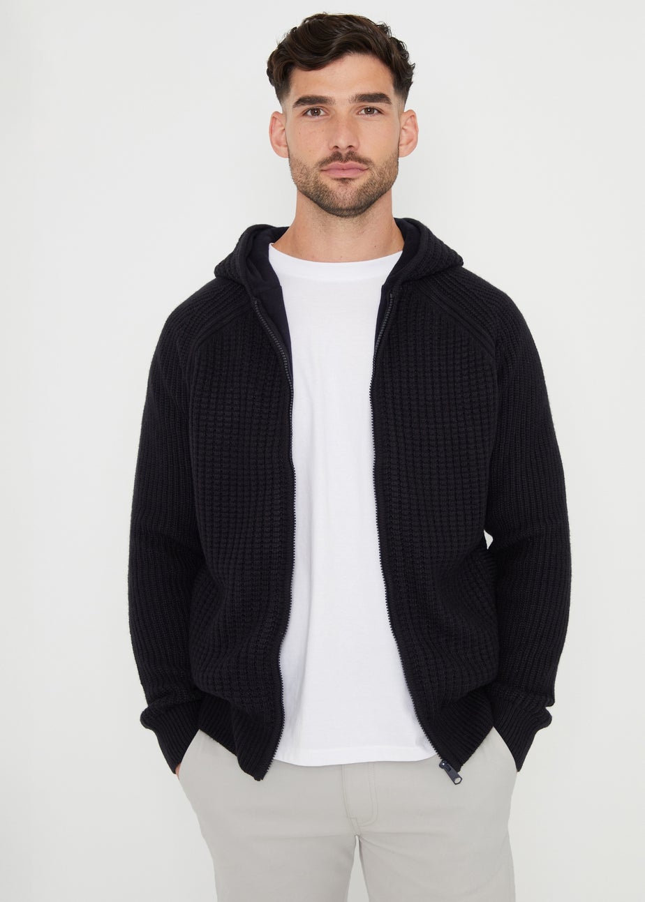 Threadbare Navy Zip-Up Knitted Hoodie with Microfleece Lining