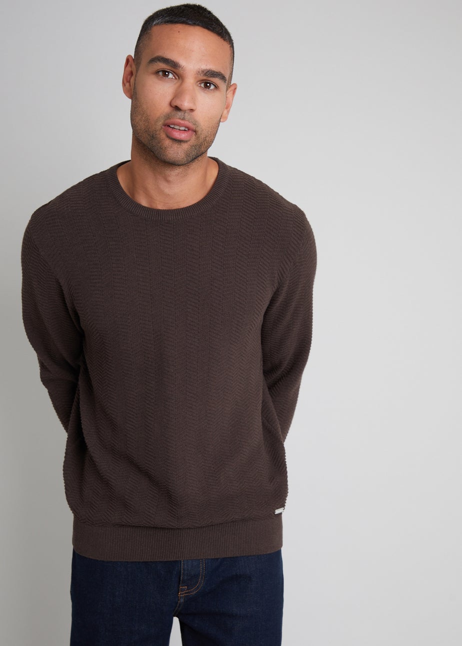 Threadbare Brown Textured Knitted Crew Neck Jumper