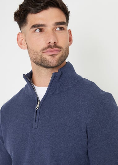 Threadbare Blue Cotton Blend Knitted Quarter Zip Jumper
