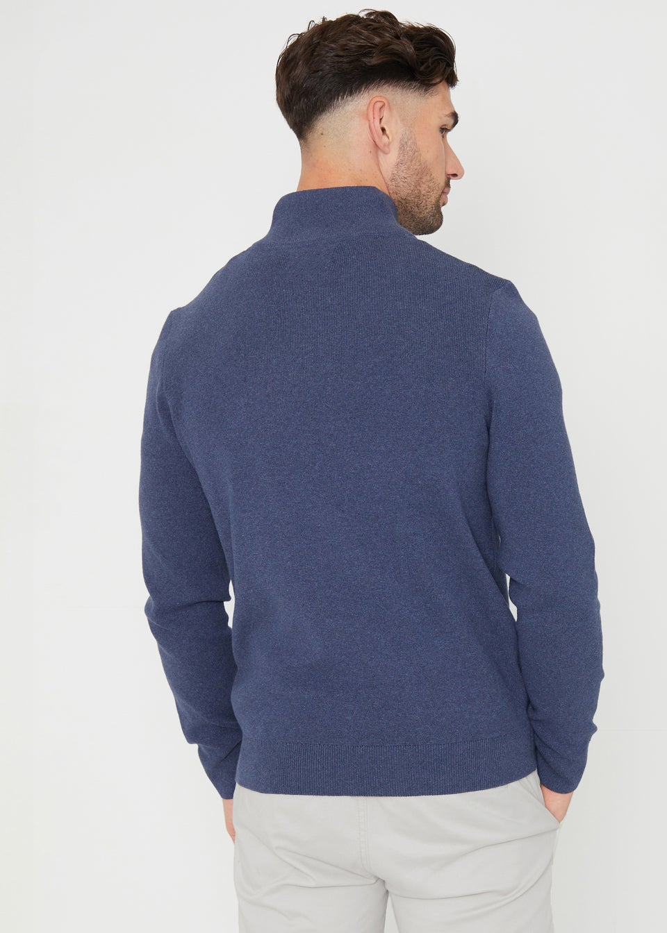 Threadbare Blue Cotton Blend Knitted Quarter Zip Jumper