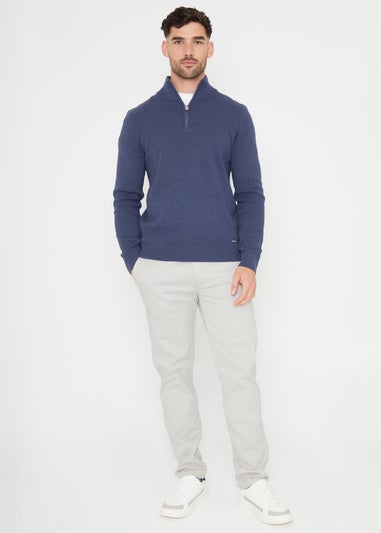 Threadbare Blue Cotton Blend Knitted Quarter Zip Jumper