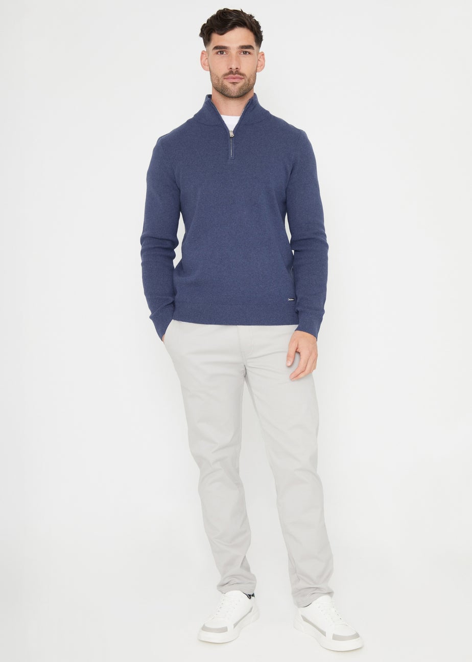 Threadbare Blue Cotton Blend Knitted Quarter Zip Jumper