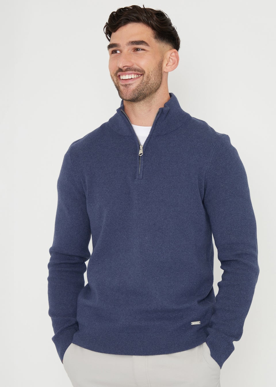 Threadbare Blue Cotton Blend Knitted Quarter Zip Jumper