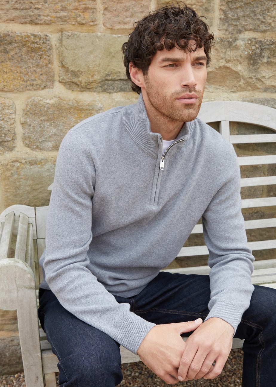 Threadbare Grey Cotton Blend Knitted Quarter Zip Jumper