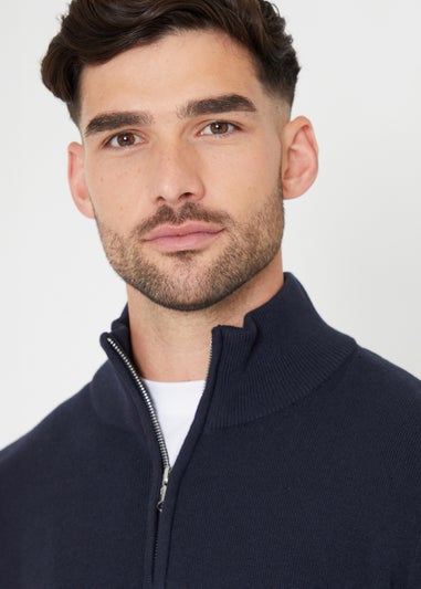 Threadbare Navy Cotton Blend Knitted Quarter Zip Jumper