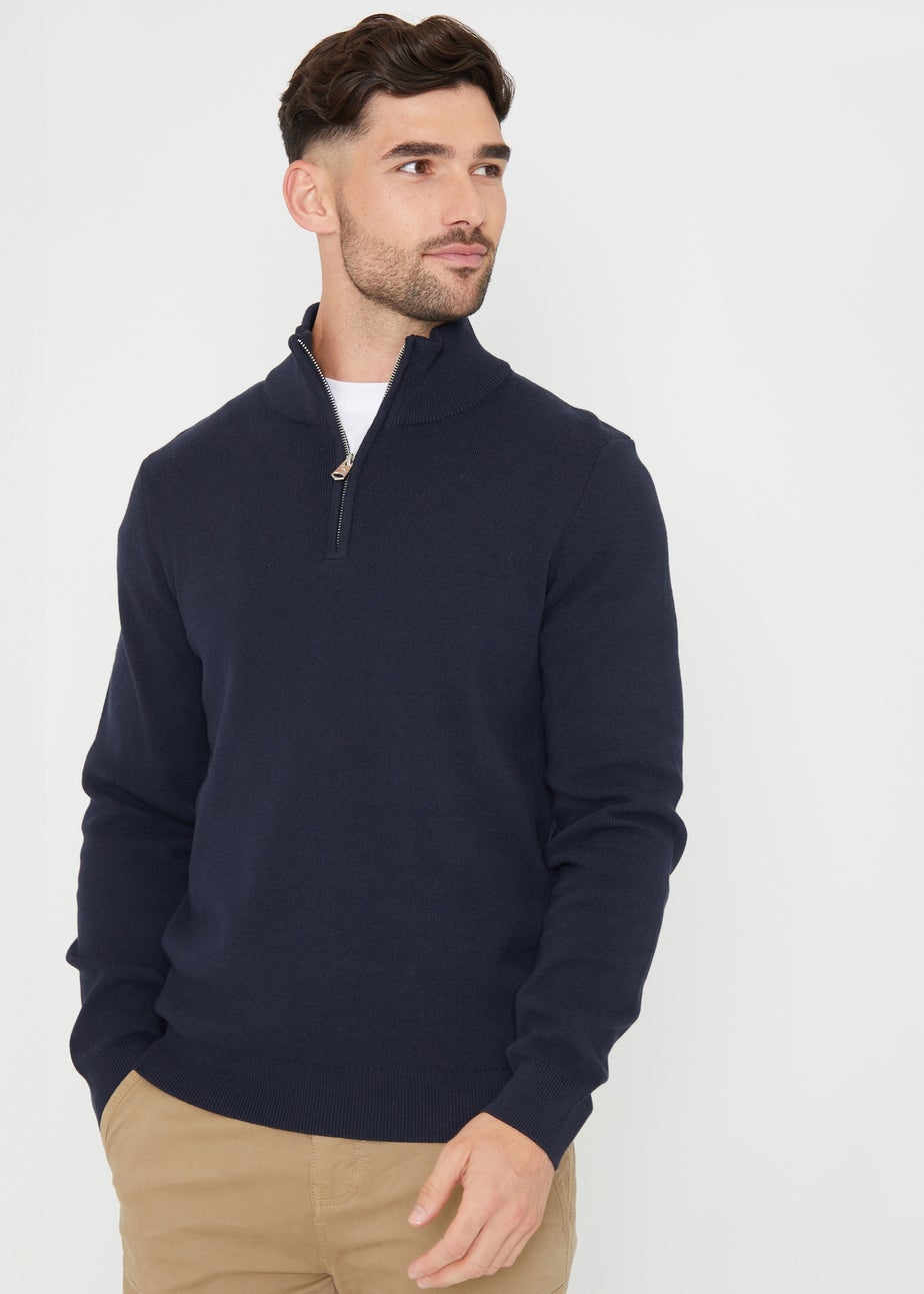 Threadbare Navy Cotton Blend Knitted Quarter Zip Jumper