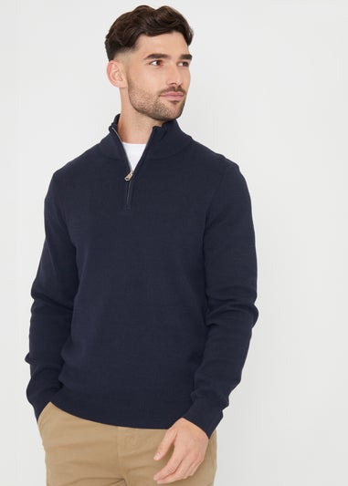 Threadbare Navy Cotton Blend Knitted Quarter Zip Jumper