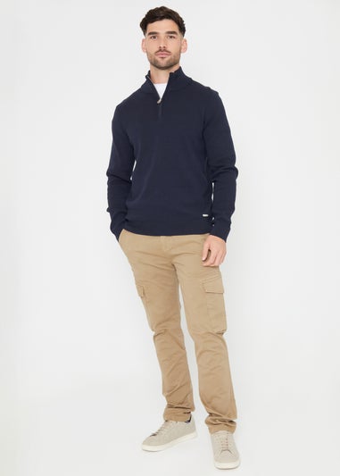 Threadbare Navy Cotton Blend Knitted Quarter Zip Jumper