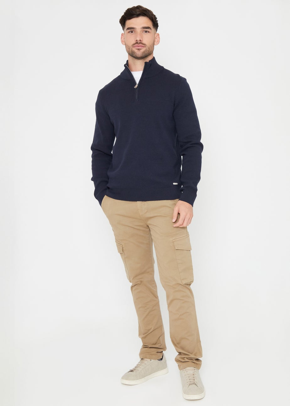 Threadbare Navy Cotton Blend Knitted Quarter Zip Jumper