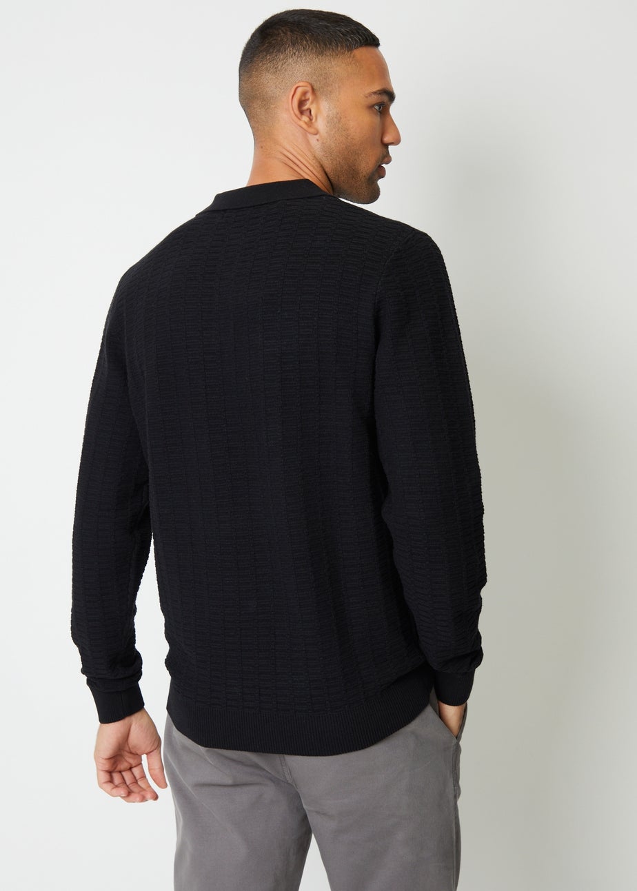 Threadbare Black Long Sleeve Textured Knit Polo Collar Jumper