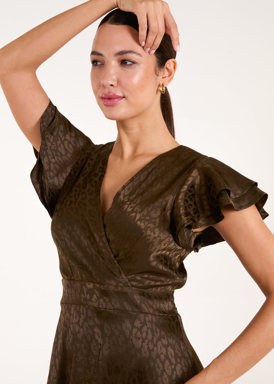 Blue Vanilla Khaki Leopard Jacquard Frill Sleeve Dress