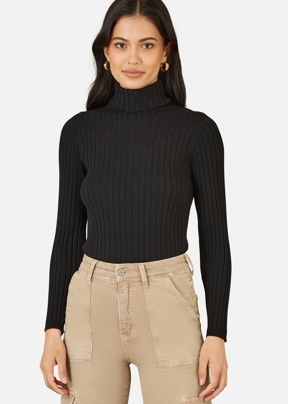 Mela Black Ribbed Knit Roll Neck Jumper