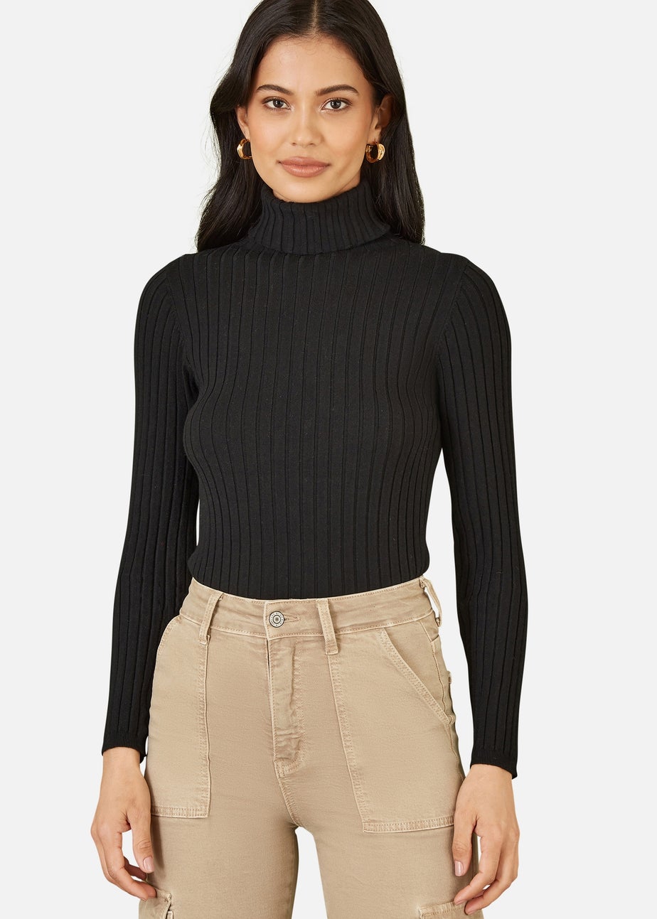 Mela Black Ribbed Knit Roll Neck Jumper