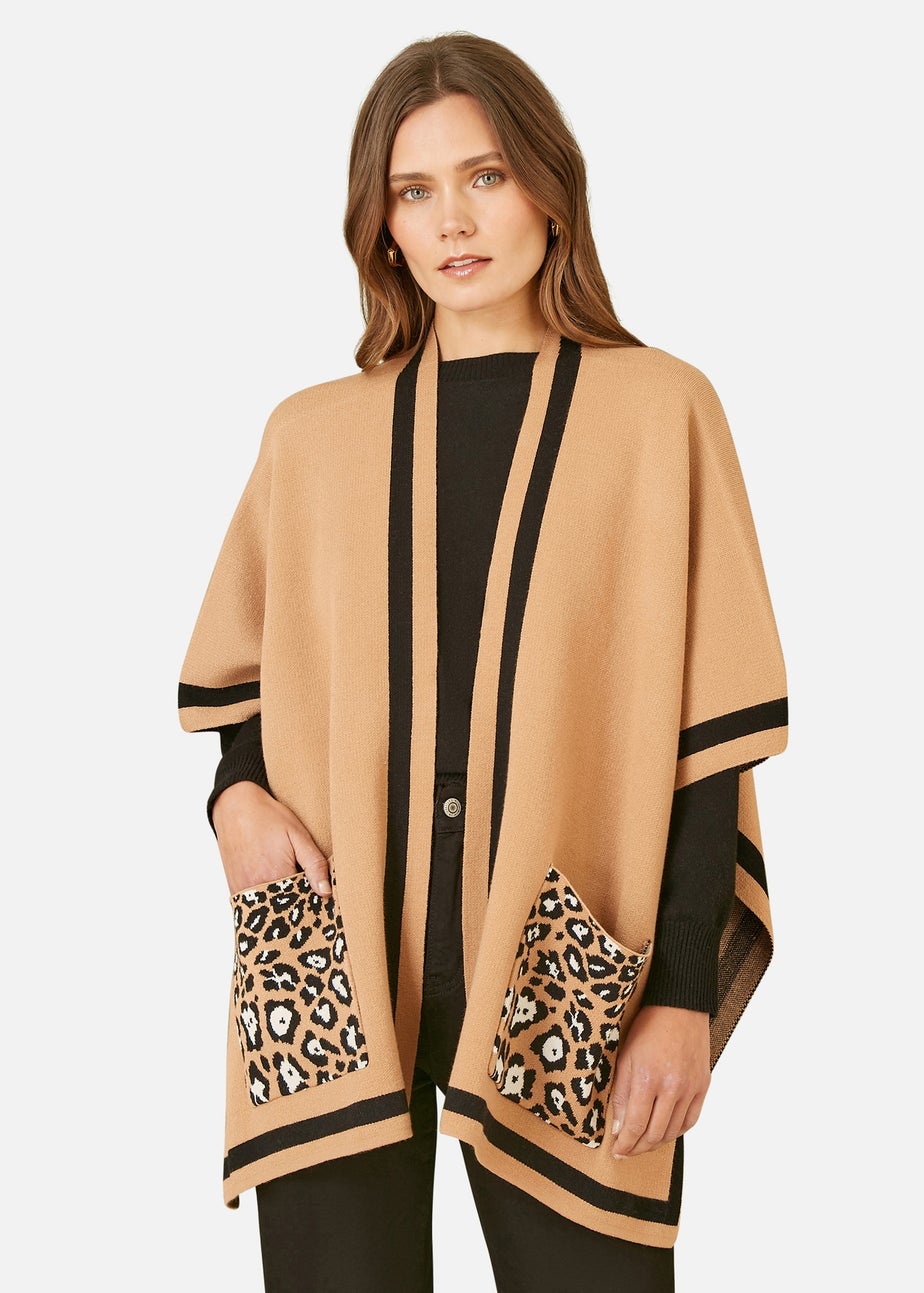 Mela Camel Leopard Print Pocket Knitted Cape