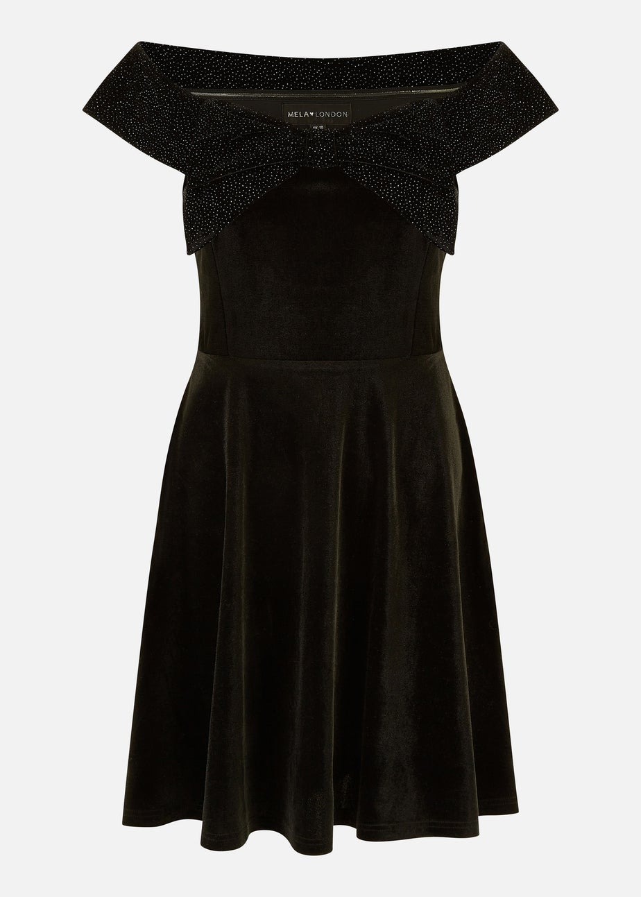Mela Black Velvet Skater Dress With Sparkle Bow Neckline