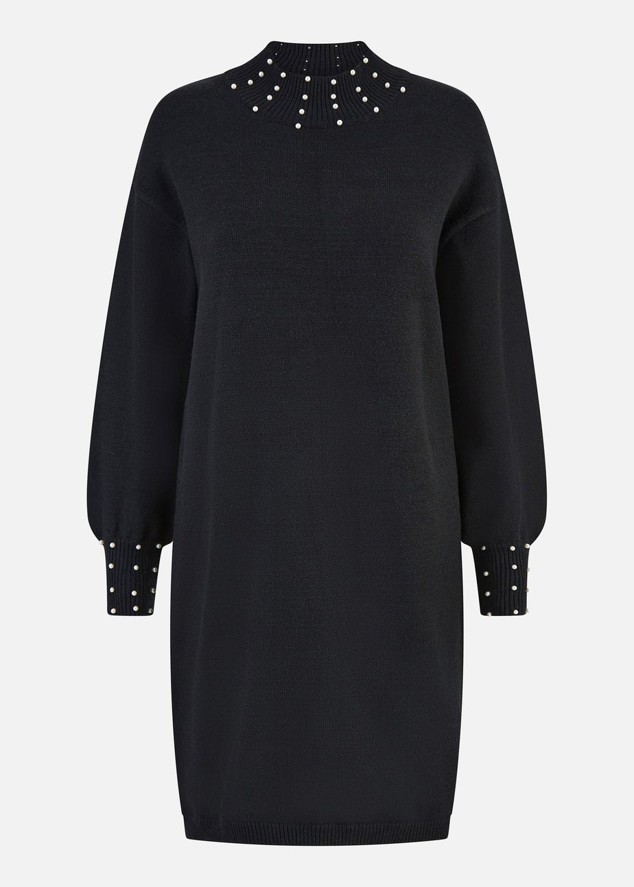 Mela Black Pearl Detail Knitted Relaxed Jumper Dress