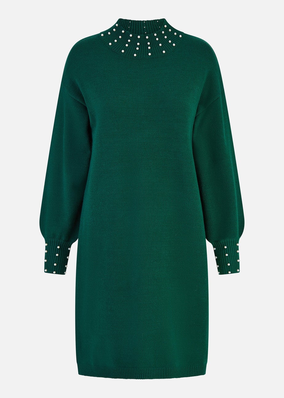 Mela Green Pearl Detail Knitted Relaxed Jumper Dress