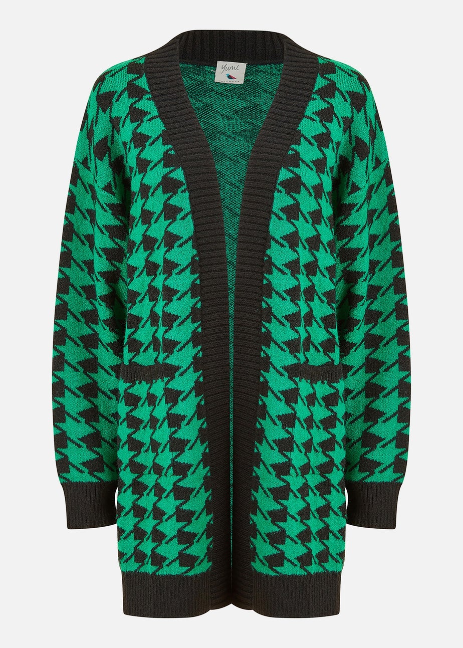 Yumi Green Dogtooth Intarsia Knit Long Cardigan