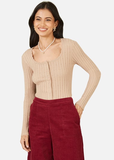 Yumi Oatmeal Fitted Rib Button Up Cardigan