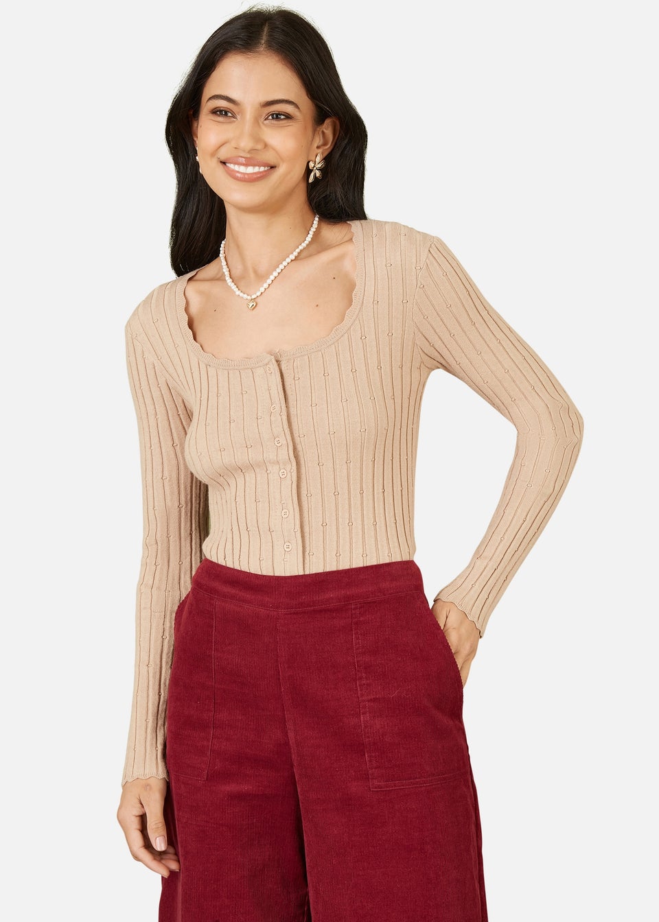 Yumi Oatmeal Fitted Rib Button Up Cardigan