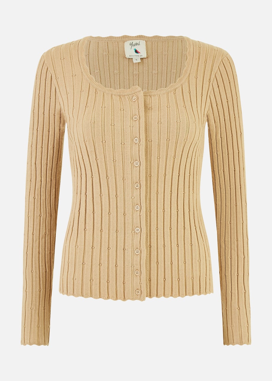 Yumi Oatmeal Fitted Rib Button Up Cardigan