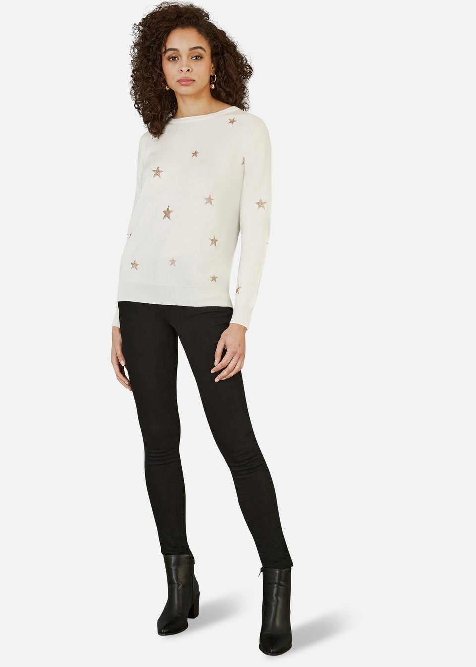 Yumi Cream Gold Foil Star Print Relaxed Fit Jumper