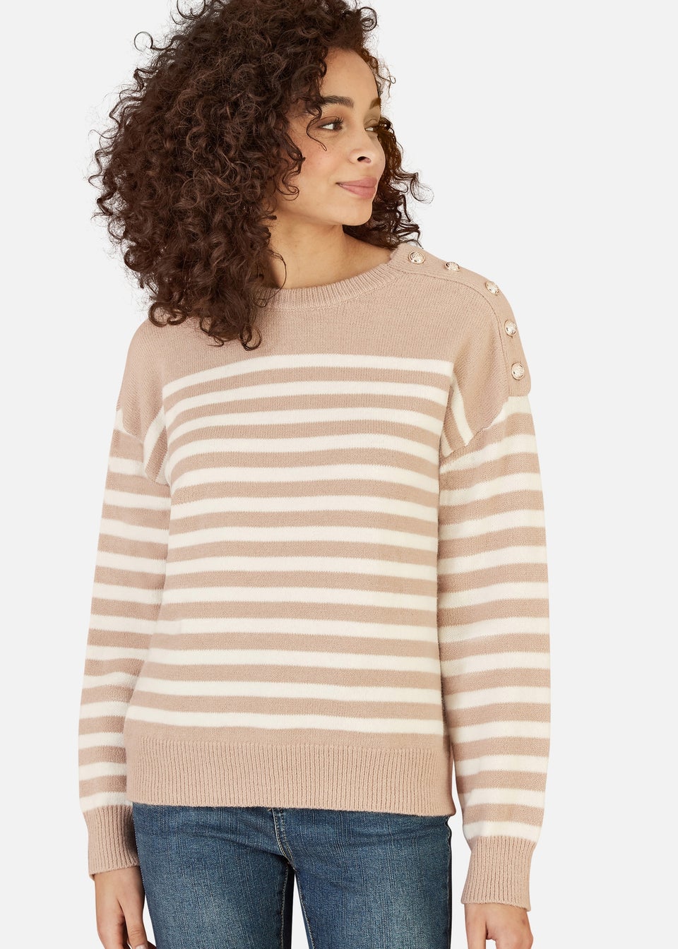 Yumi Beige Stripe Knitted Relaxed Jumper With Button Details