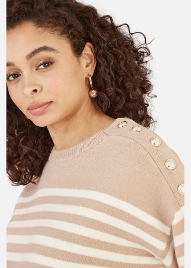 Yumi Beige Stripe Knitted Relaxed Jumper With Button Details