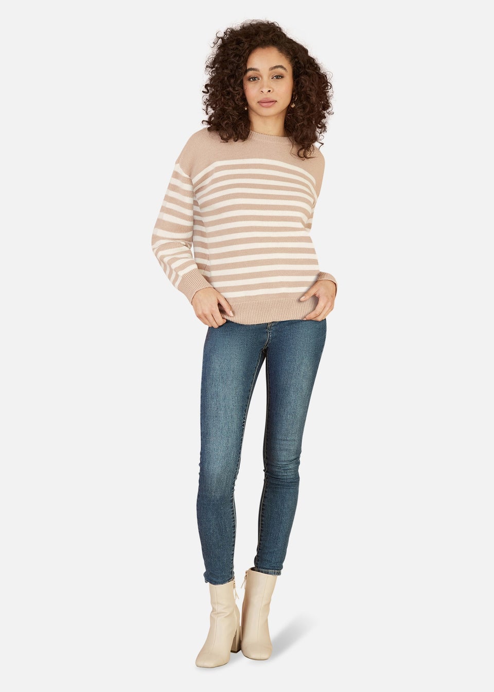Yumi Beige Stripe Knitted Relaxed Jumper With Button Details