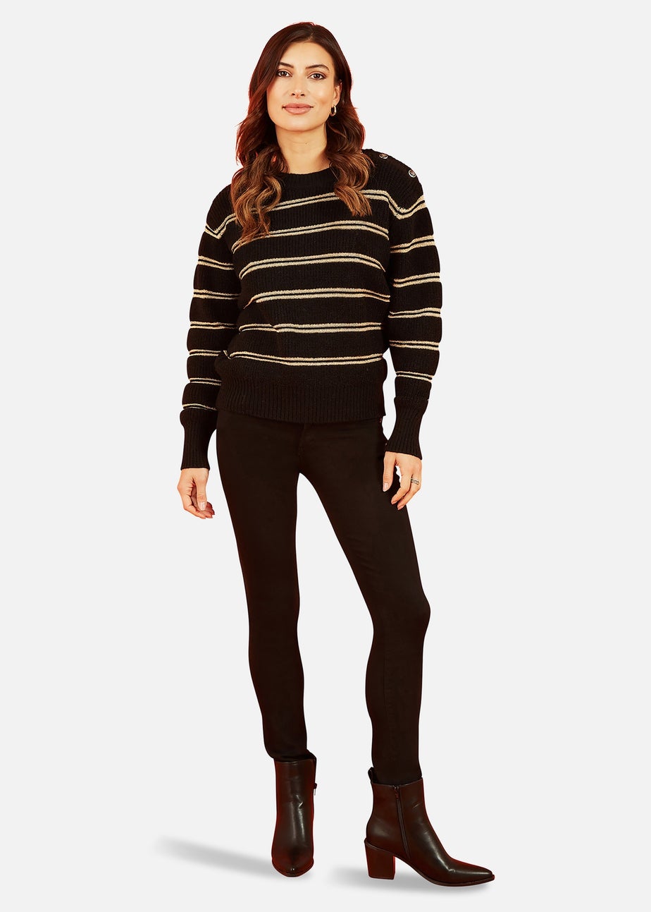 Yumi Black Jumper With Gold Stripes and Button Details