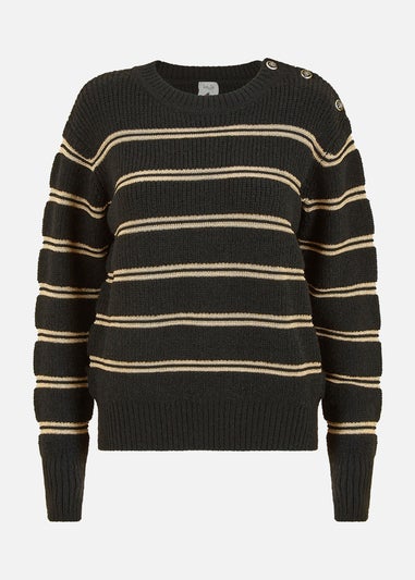 Yumi Black Jumper With Gold Stripes and Button Details