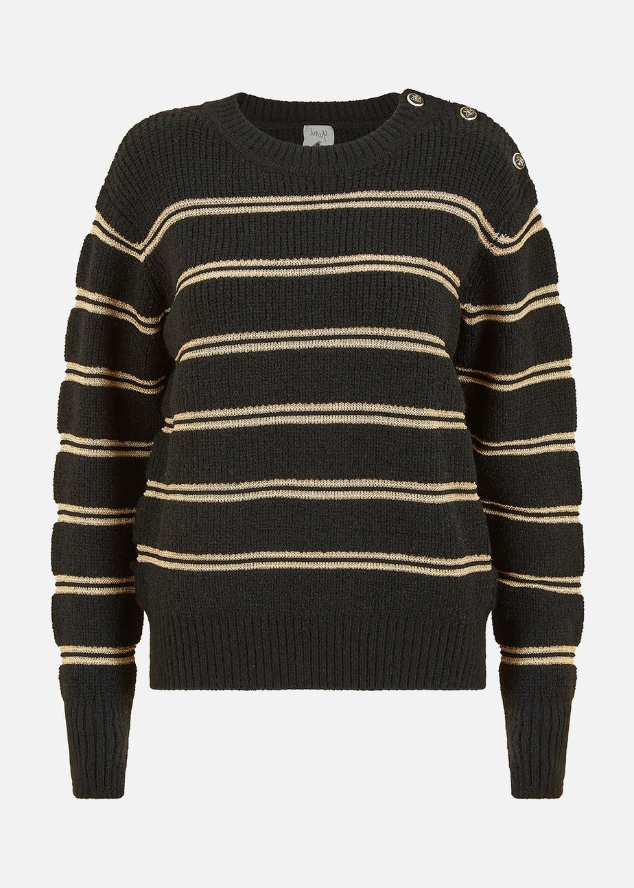 Yumi Black Jumper With Gold Stripes and Button Details