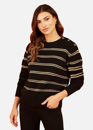 Yumi Black Jumper With Gold Stripes and Button Details