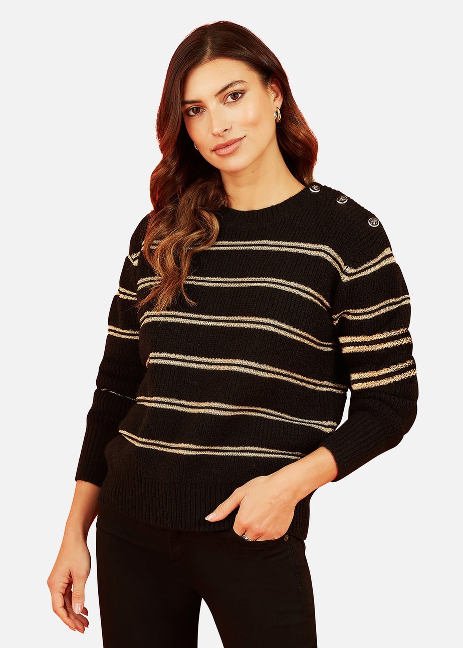 Yumi Black Jumper With Gold Stripes and Button Details