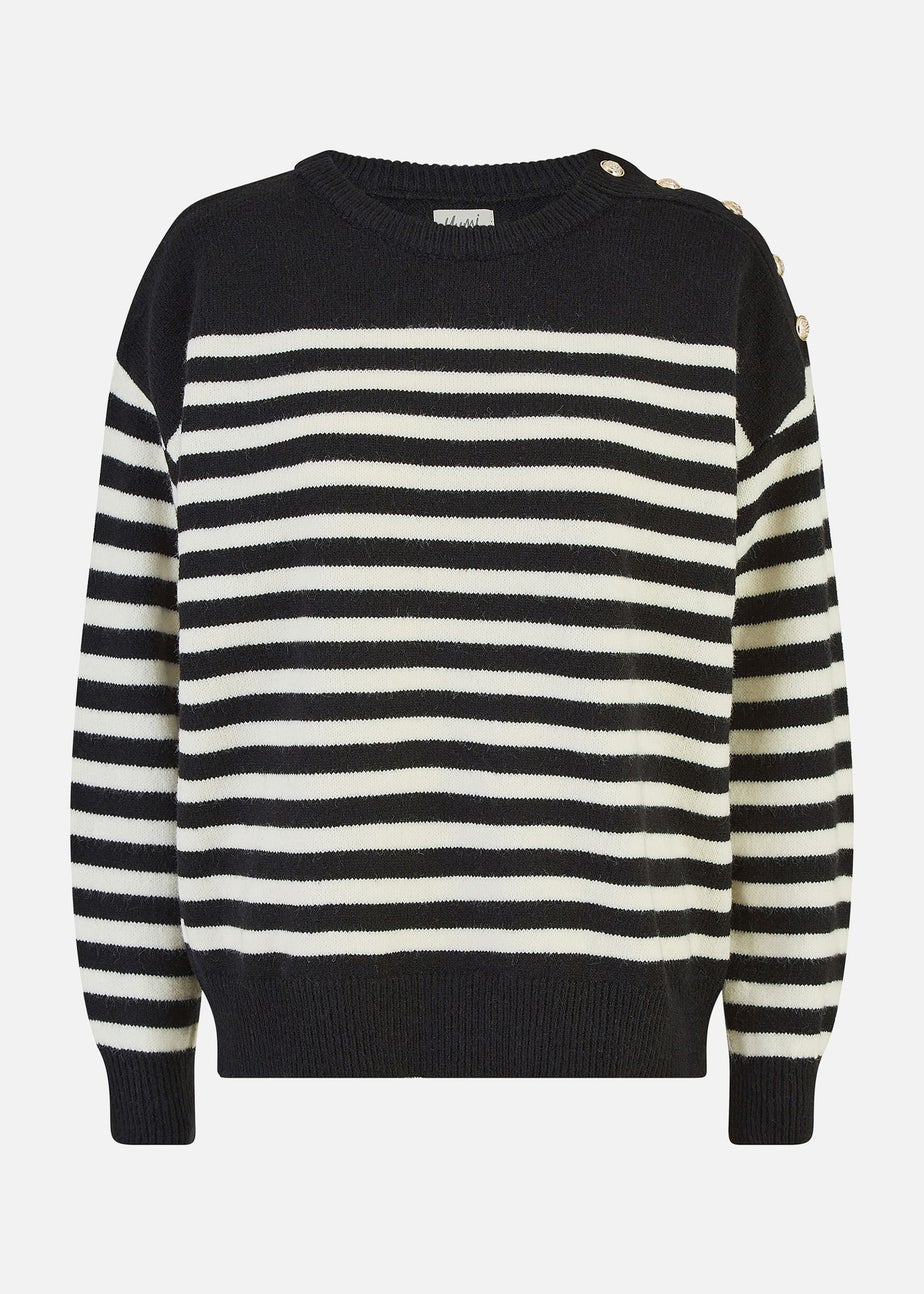 Yumi Black Stripe Knitted Relaxed Jumper With Button Details