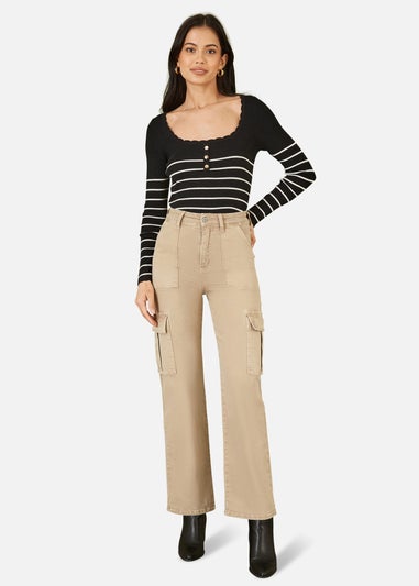 Yumi Black Stripe Rib Knitted Long Sleeve Top With Button Details