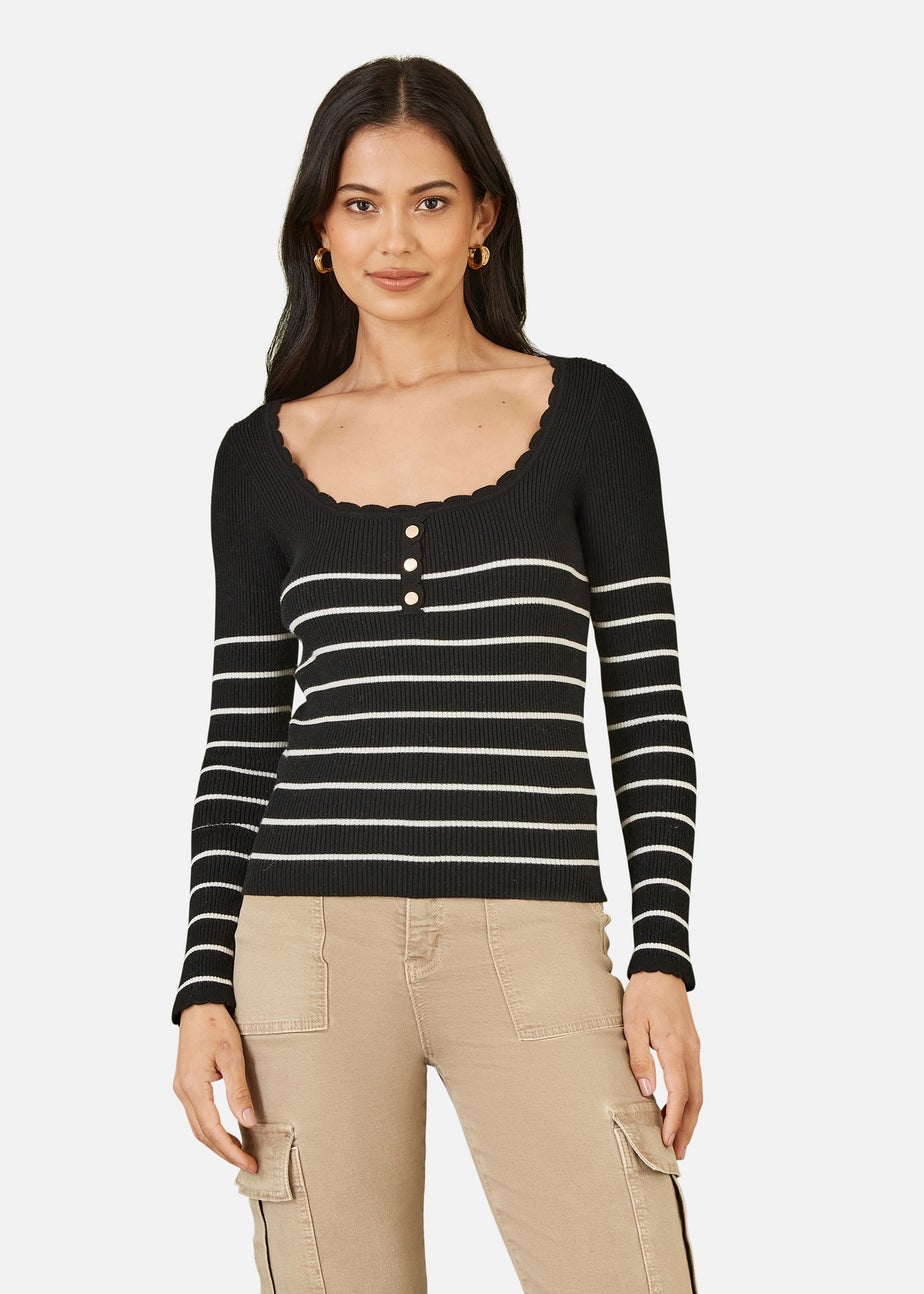 Yumi Black Stripe Rib Knitted Long Sleeve Top With Button Details