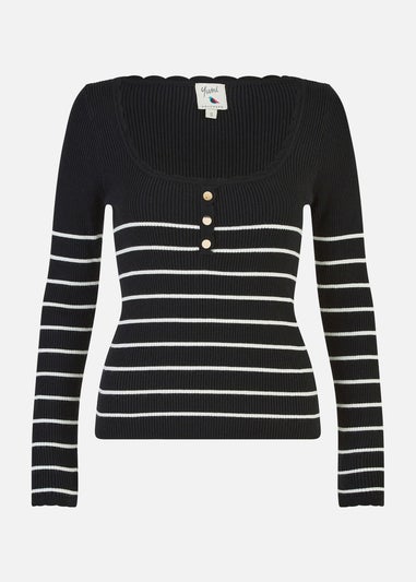 Yumi Black Stripe Rib Knitted Long Sleeve Top With Button Details