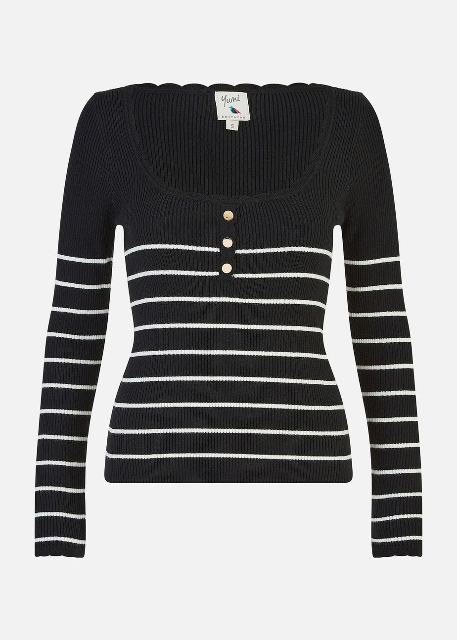 Yumi Black Stripe Rib Knitted Long Sleeve Top With Button Details